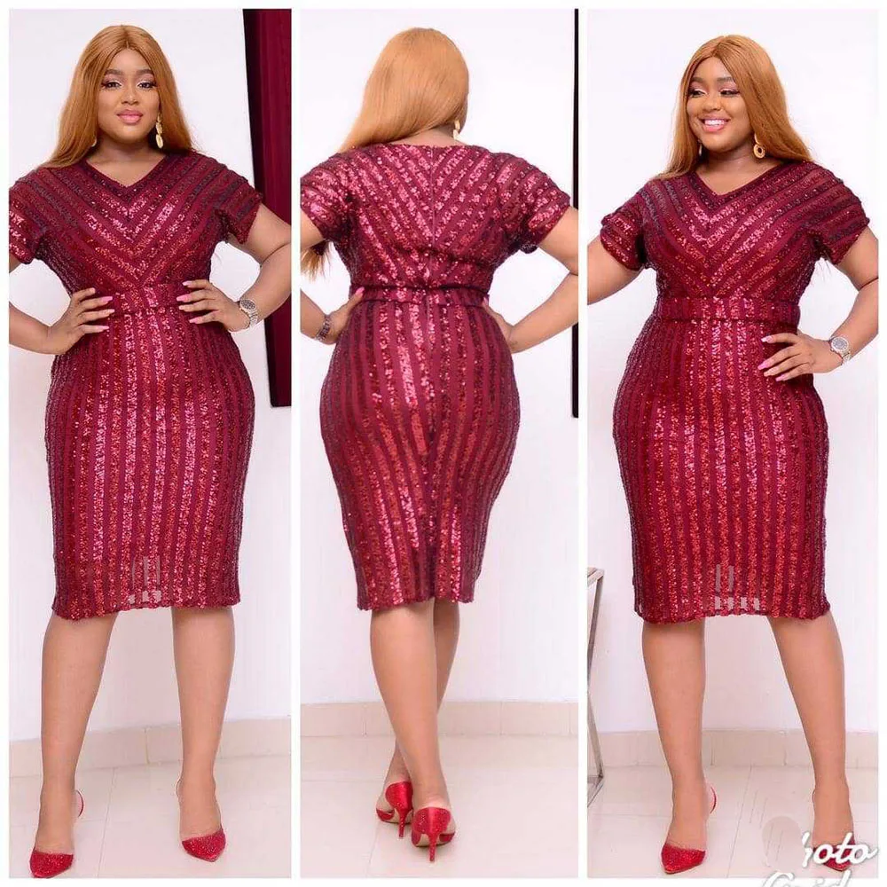 

African Dresses For Women 2020 New Arrival Sexy Elegant Sequins V-neck Short Sleeves Pencil Tight Skirt For Party Fashion