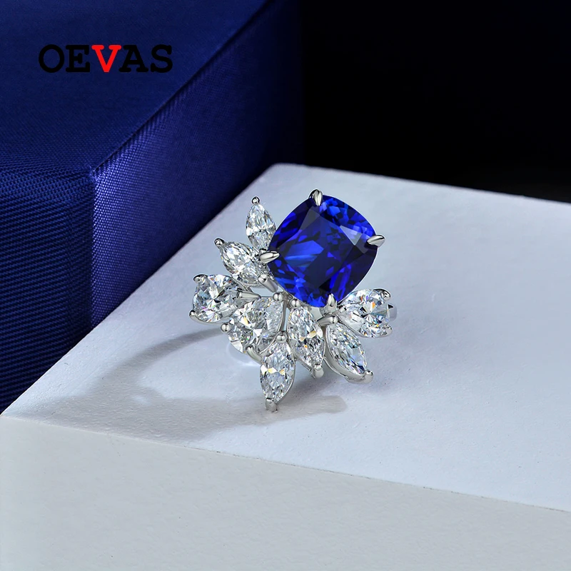 

OEVAS 100% Серебро 925 пробы 10*11 мм синтетический сапфир высокоуглеродистые бриллиантовые кольца для женщин сверкающие Свадебные ювелирные изде...