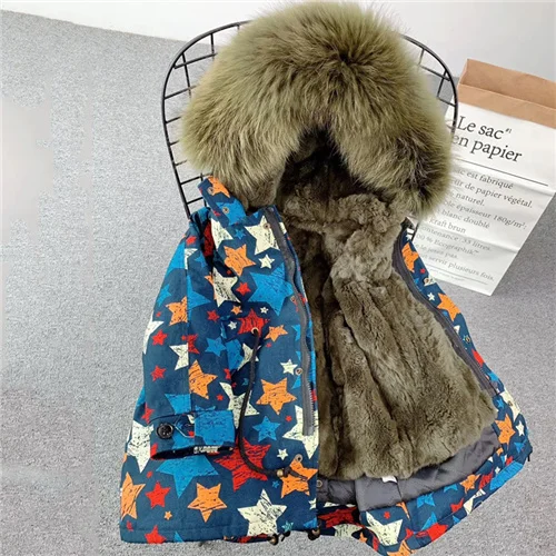 Star shell-green 2 Детская парка с большим меховым воротником Настоящий мех кролика, зимняя детская шубка для мальчиков и девочек, съемная подкладка, цветные детские меховые парки - Цвет: Star shell-green 2