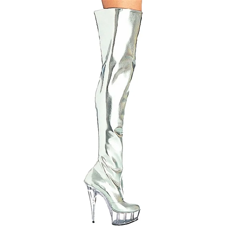

hot sale and retail over the knee silver patent leather women's 6" thigh high boots sexy motorcycle boots 15cm clear Dance Shoes