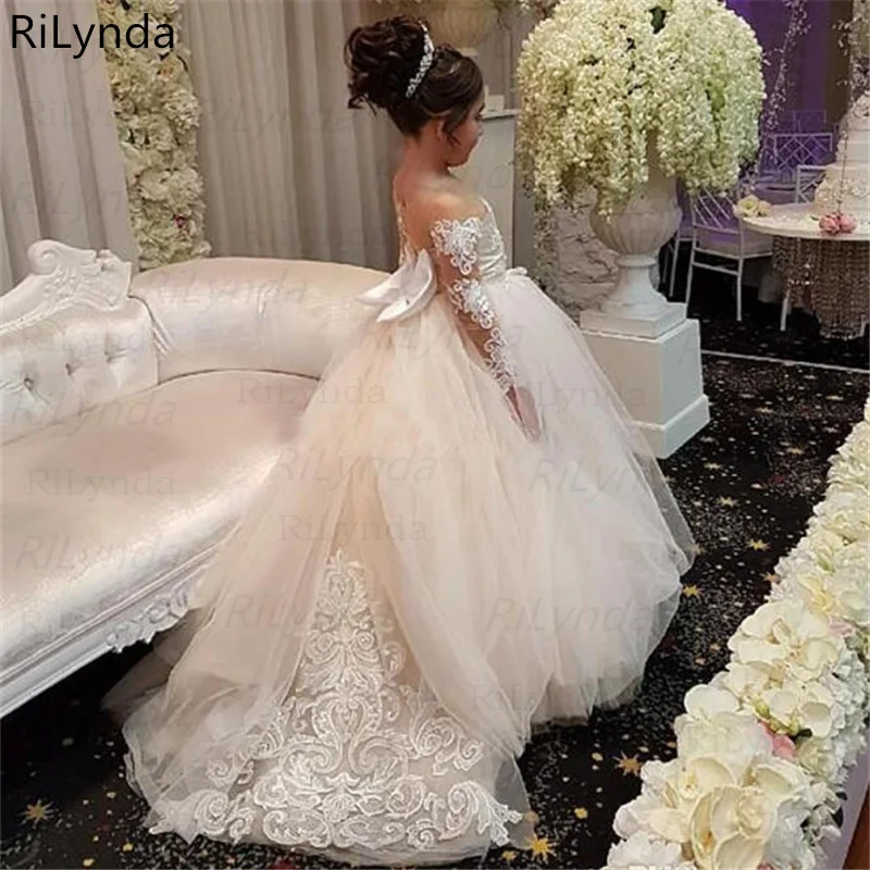 

Kids Puffy Ivory Tulle Lace Ball Gown Flower Girl Dresses Puffy Satin Bow Girl Princess Dresses Long Kids Communion Dresses