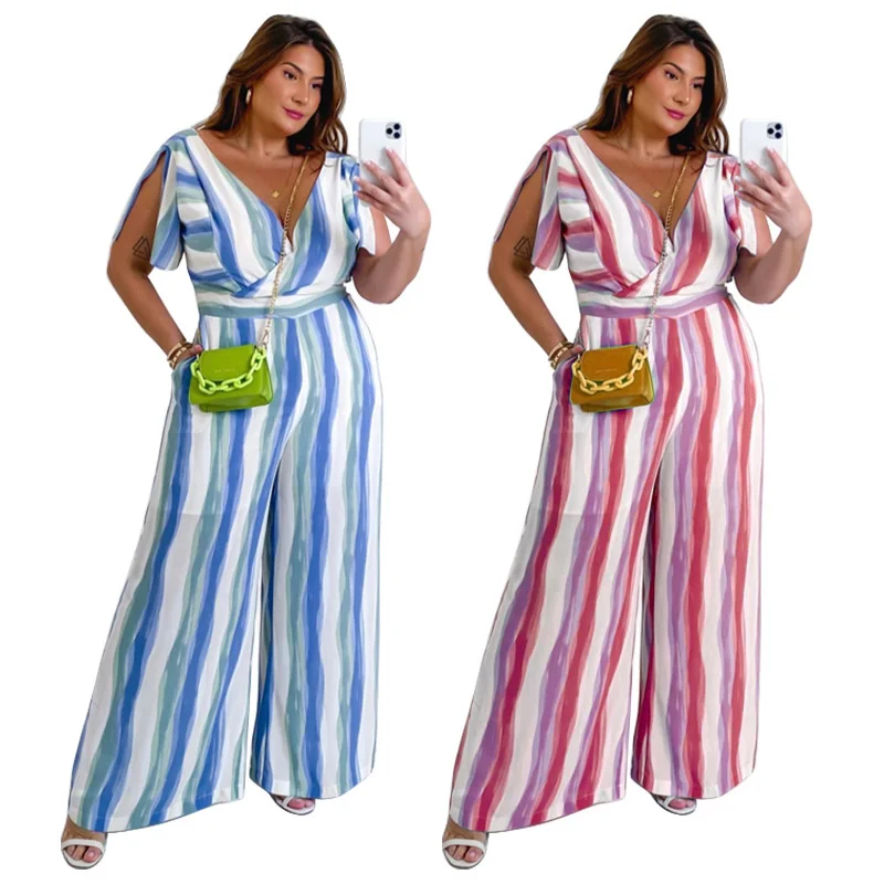 

Zoctuo Slit Short Sleeve Jumpsuit Tie Dye Striped Fashion V Neck Romper Jumpsuit For Women Sexy Plus Size Loose Casual Jumpsuits