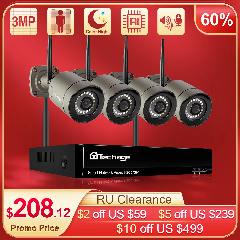 Система видеонаблюдения Techage 8 каналов 3 Мп Wi Fi двусторонняя аудиосвязь ии