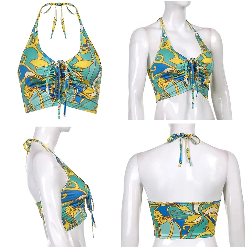 

Women Personality Water Ripples Paisley Printed Crop Top y2k Halter Top Ruched Tie Up Tanks Camis Vintage Sweats Beach Vests