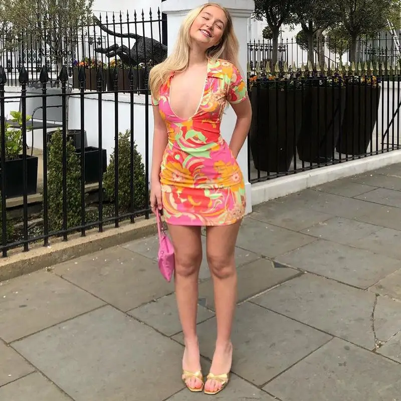 

European and American Women's 2021 Summer New Casual Fashion Low-Cut Lapel Printed Tight-Fitting Short Dress Women