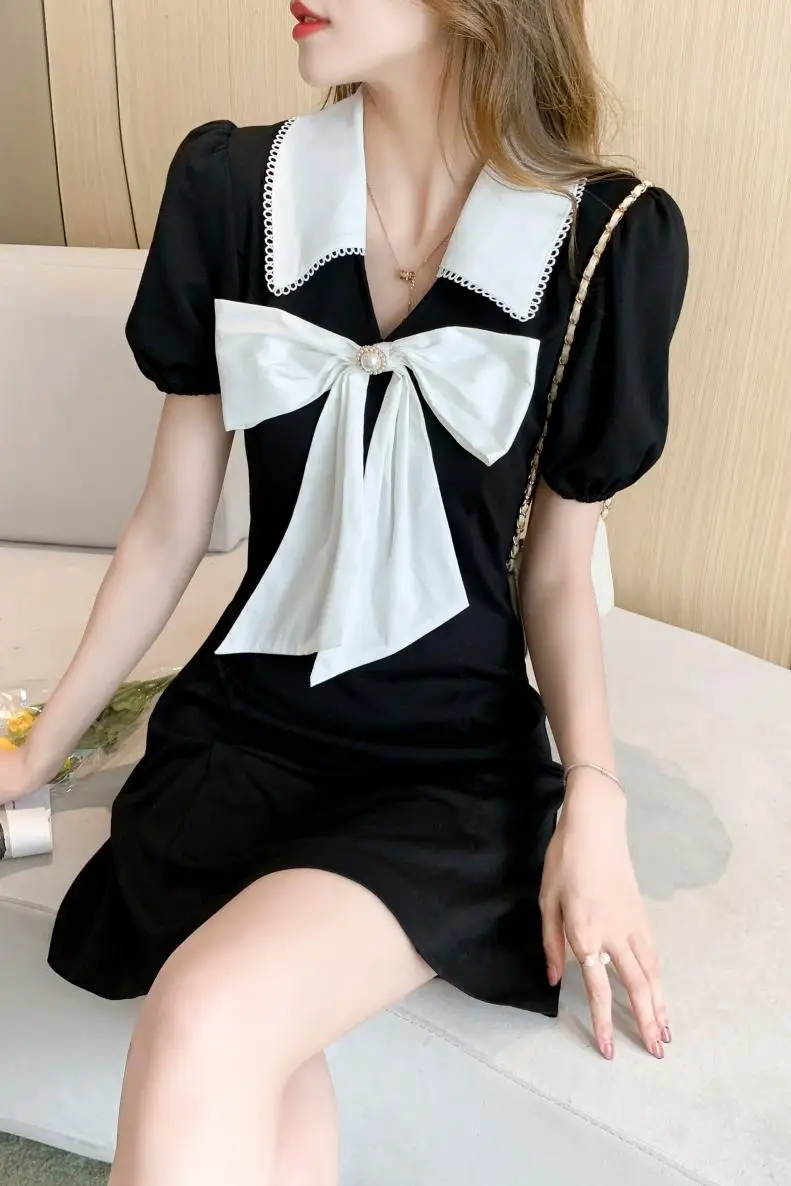 

COIGARSAM Cute Women dress New Summer Vintage Bow High Waist Dresses 2199