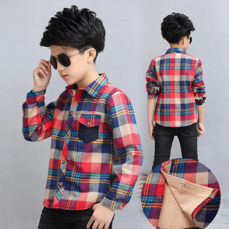 Зимняя теплая рубашка для больших детей Клетчатая Шерстяная Рубашка с длинными