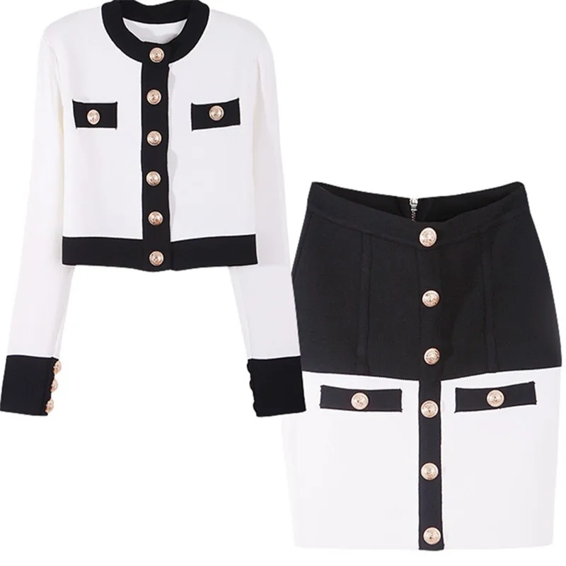 

Elegant Ladies Color-blocked Knitted Two Piece Skirt Sets 2020 Autumn Short Cardigan + Pencil Mini Skirt Suits Outfits Femme
