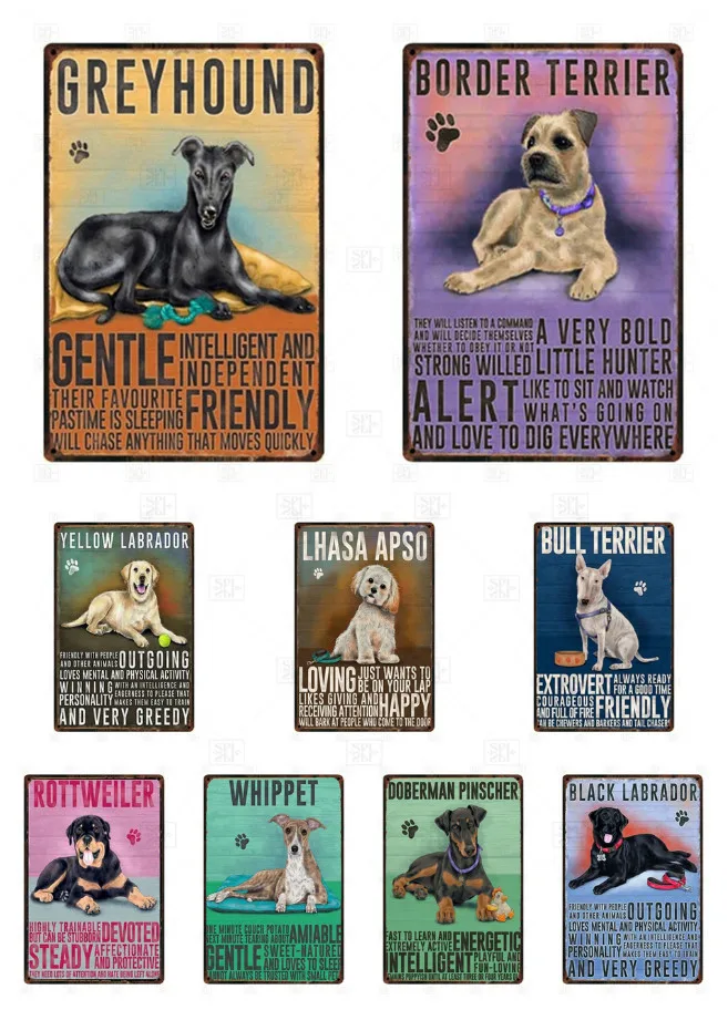 

Retro Style Pet Metal Sign Cartoon Dogs Pug Dachshund Border Collie Greyhound Shabby Chic Decor Wall Art Vintage Plaque Decor