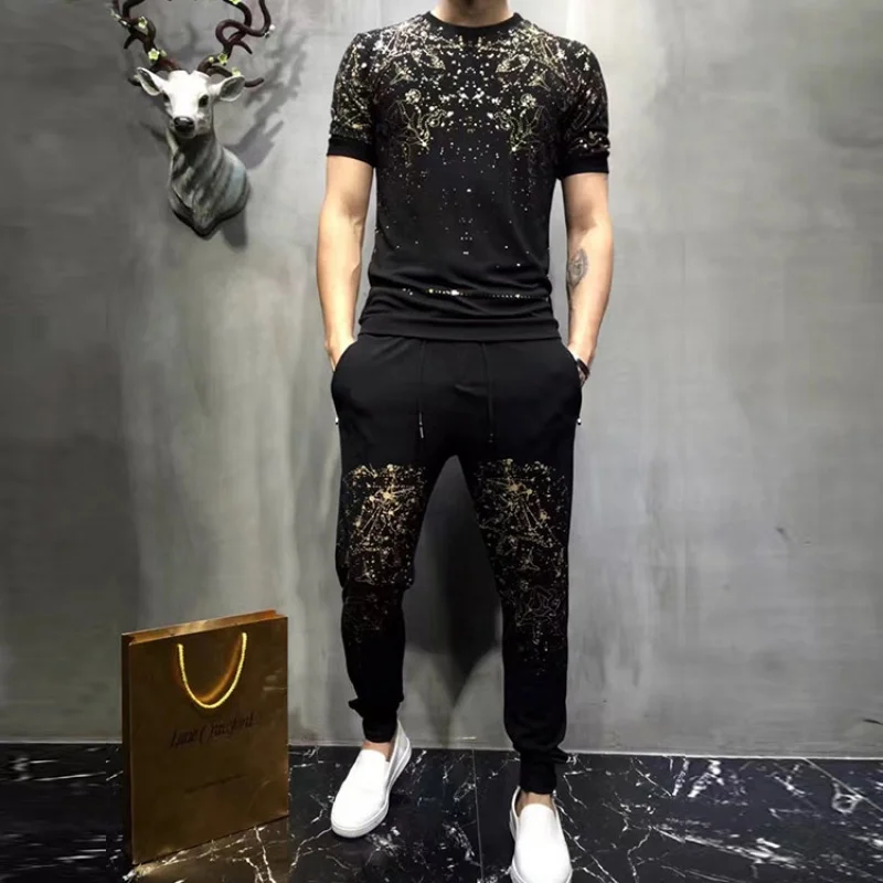 High-quality men's Tracksuit heavy industry sky rhinestone summer best selling casual t-shirt+shorts 2-piece suit | Мужская одежда