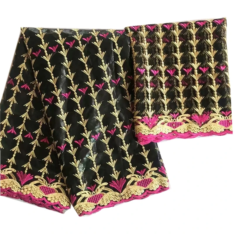 Благородная вышитая базин богатая с тюлем кружевная синяя африканская ткань