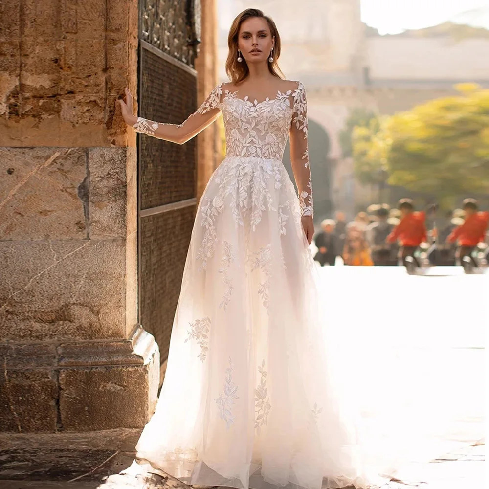 

A-line Long Sleeves Tulle Appliques Lace Boho Dubai Arabic Wedding Gown Bridal Dress Vestido De Noiva