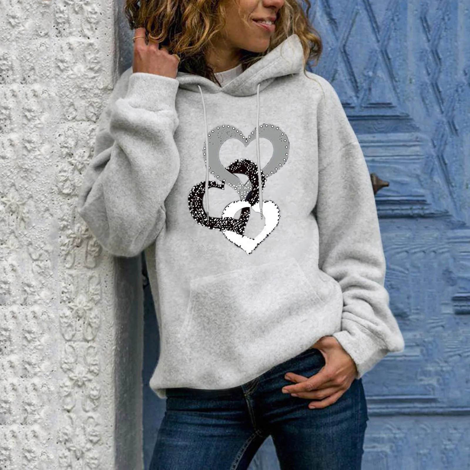 2021 Hoodies Women's Fashion New Stitching Hearts Print Long-Sleeve Hooded Sweatshirt Tops Fashion Sweatshirt женское платье