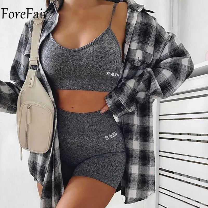 Forefair Summer 2020 Refiective Women Sets Spaghetti Strap Crop Top White And Biker Shorts Two Pieces Set Sleeveless Workout |