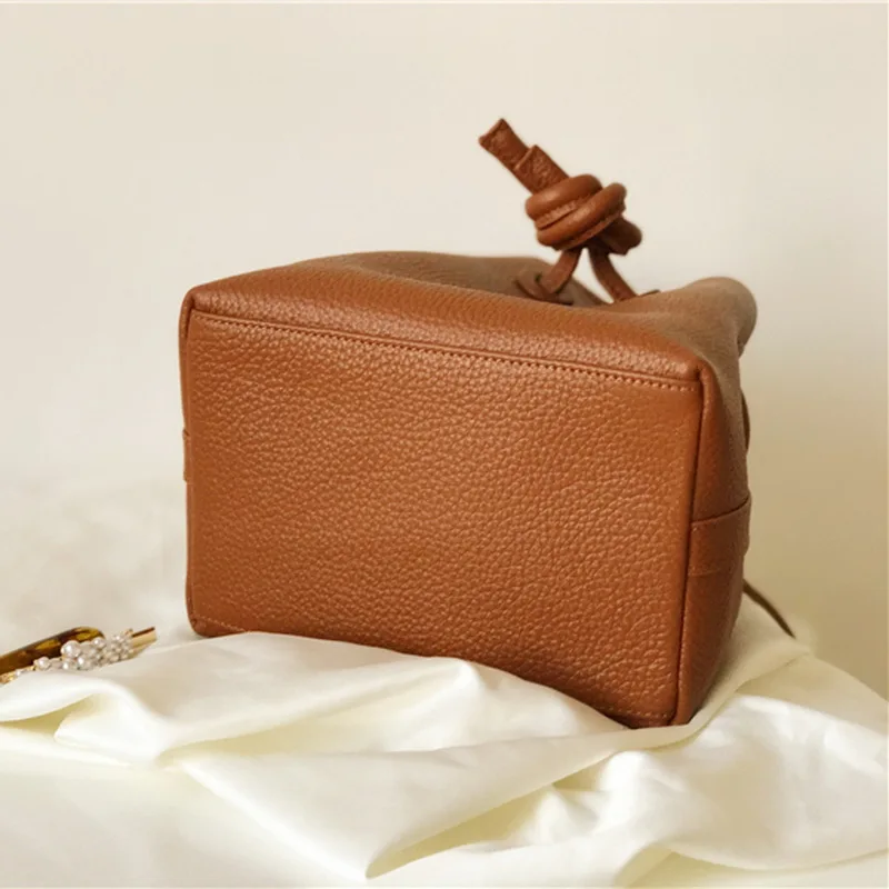 

Japanese Drawstring Bucket Bag Cow leather Cowhide Women Lady Handbag Soft Shoulder Messenger Rope Knot Basket Causal Tote Retro