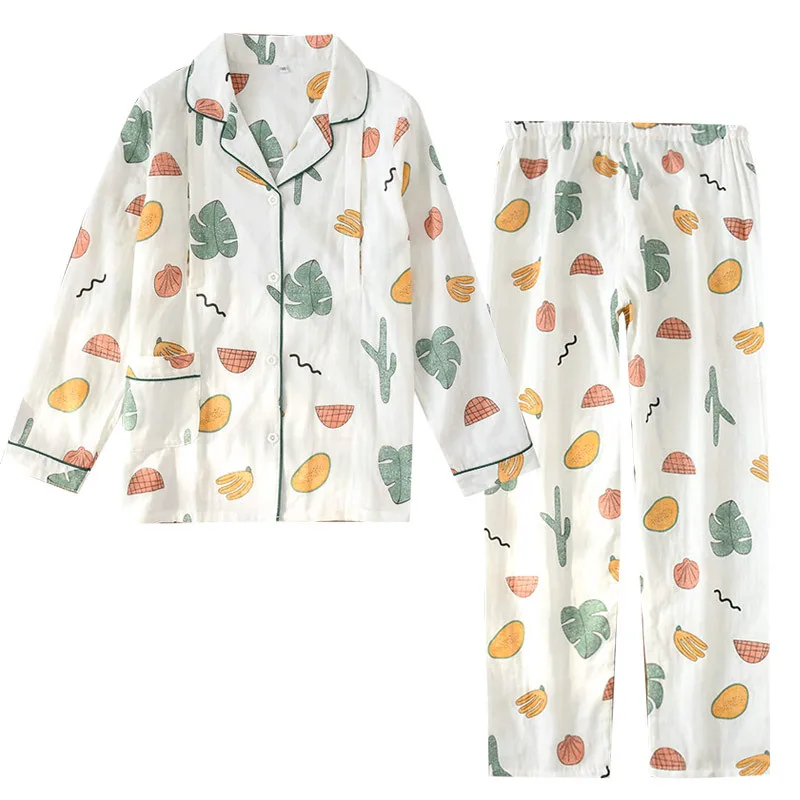 

Spring Autumn Women Cotton Soft Pajamas Sets Thin Long Sleeve Button Tops Pants Sleepwear Floral Print Kawaii Pajama Set