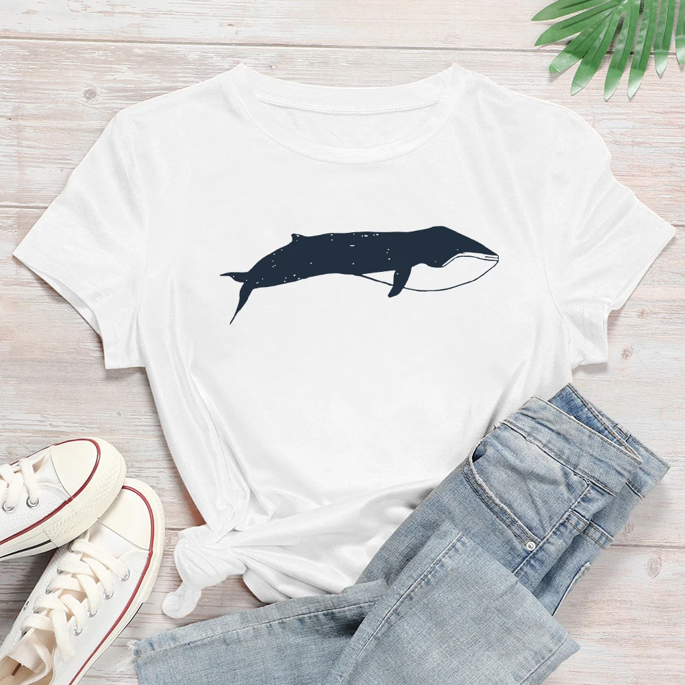 

Belief Cosmic Series White Woman Shirts Casual Black whale Printed Style Design Basic Funny Womens Breathable Tshirt Summer Top