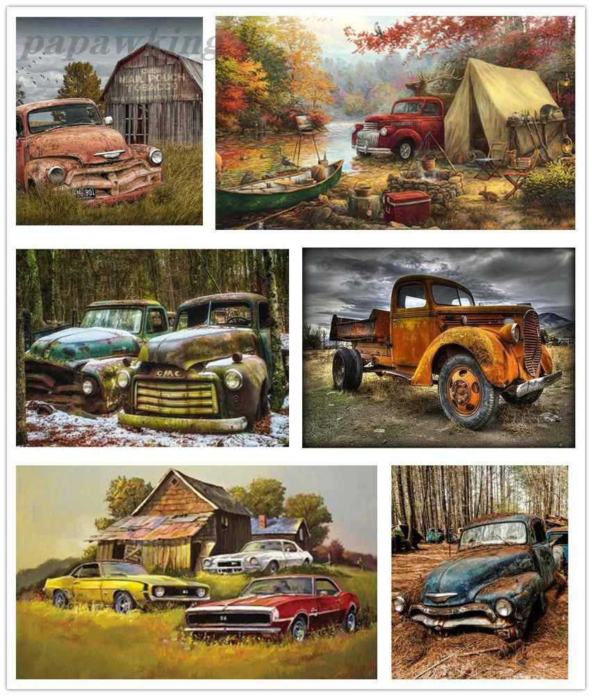 

Car Diamond Painting Abandoned Cars DIY Full Diamond Cross Stitch Set Wall Poster Home Art Rhinestone Embroidery Decoration