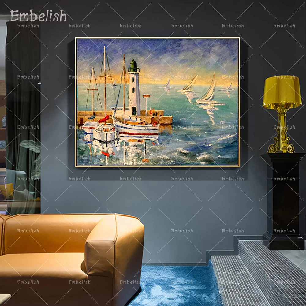 

Embelish 1 Pieces Seascape With Boats And Lighthouse Home Decor Wall Art Pictures For Living Room Bedroom HD Canvas Paintings