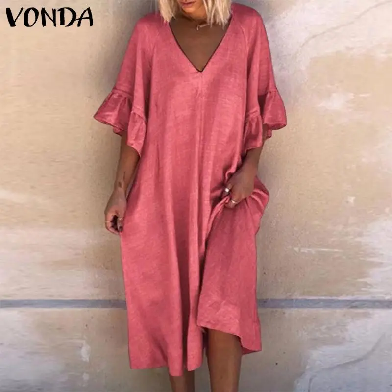 

Women Elegant Midi Dress 2021 VONDA Vintage Cotton Dresses Sexy V Neck Party Flare Sleeve V Neck Vestido Oversized Robe Femme