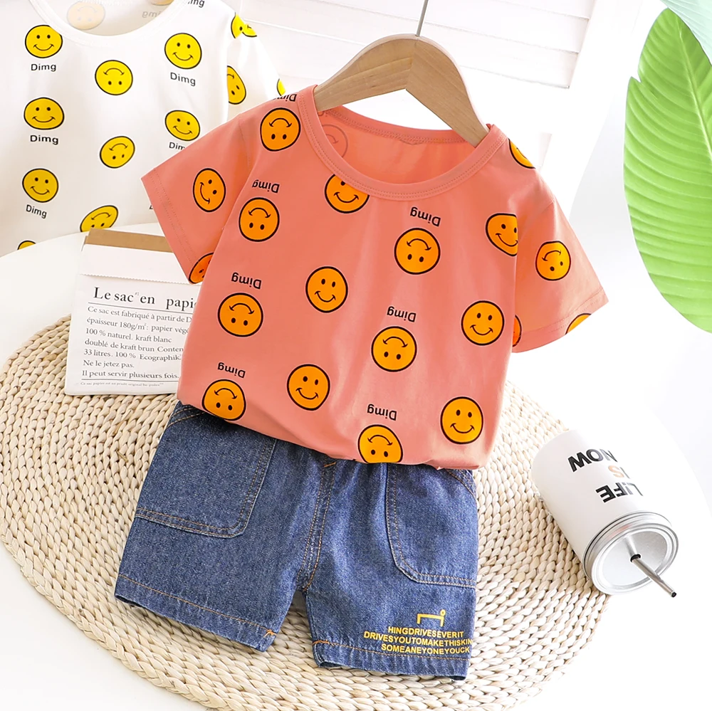 Одежда для мальчиков и девочек Футболка со смайликом синяя короткая одежда детей