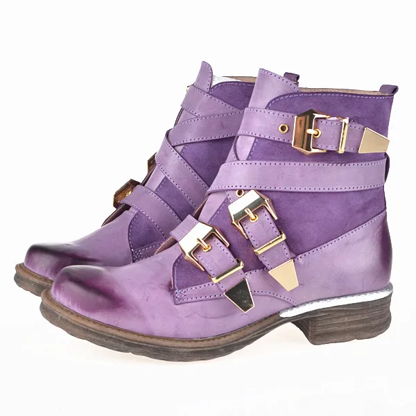 purple HEFLASHOR Fashion Women Boots Purple Short Ankle Boots Genuine Leather Blue Winter Strapped Buckle Short Boot Women Shoes - Цвет: purple