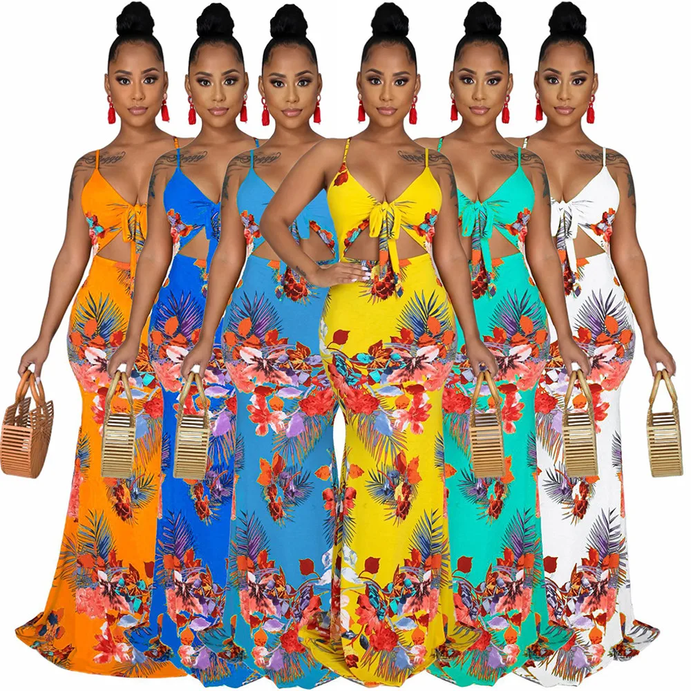 

Floral Flower Print Summer Floor Length Dress Woman Sexy Waist Band Cut Out Spaghetti Strap Dress Retro Bohemian Mermaid Dress