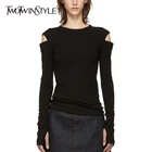 Женская футболка TWOTWINSTYLE, черная Повседневная футболка с круглым вырезом, длинными рукавами и открытыми плечами, 2020