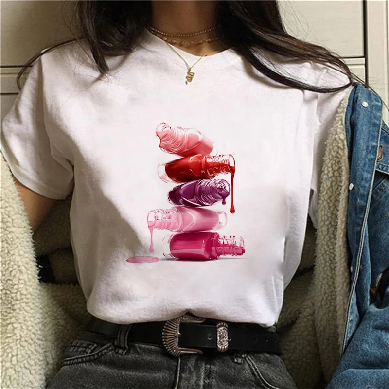 

Cosmetic Coating 3d Printed Nail Polish T-Shirt Women Harajuku Aesthetics T-Shirt Rainbow Colorful Ulzzang Korean Style Top
