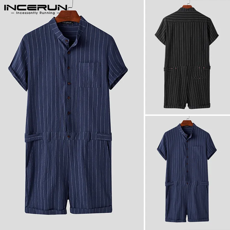 incerun striped men rompers breathable stand collar short sleeve joggers playsuits streetwear fashion men jumpsuits shorts s 5xl free global shipping