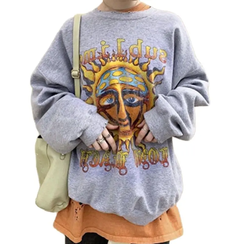 

Goth Black Pullover New Abstract Sun Letter Print Casual Loose Sweater Round Neck Minimalist Long Sleeve American Retro Style