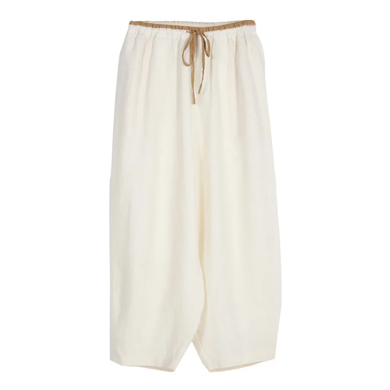 

PA0019 Pure White Elastic Waist Womens Loose Trousers Casual Ladies New Drawstring Harem Pants With Pockets