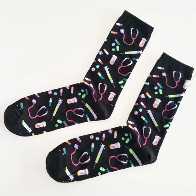 

Q Women's Socks Sweat-Absorbing European Style Breathable Cotton Mid Tube Socks Black Cartoon Cute Funny Happy kawaii Socks Men