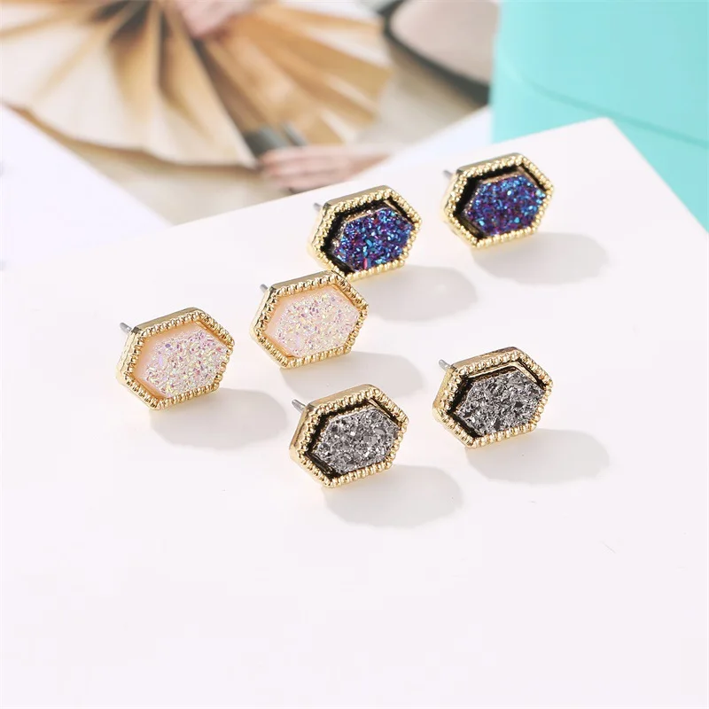 Модные серьги гвоздики Druzy мини шестигранные из смолы брендовые дизайнерские