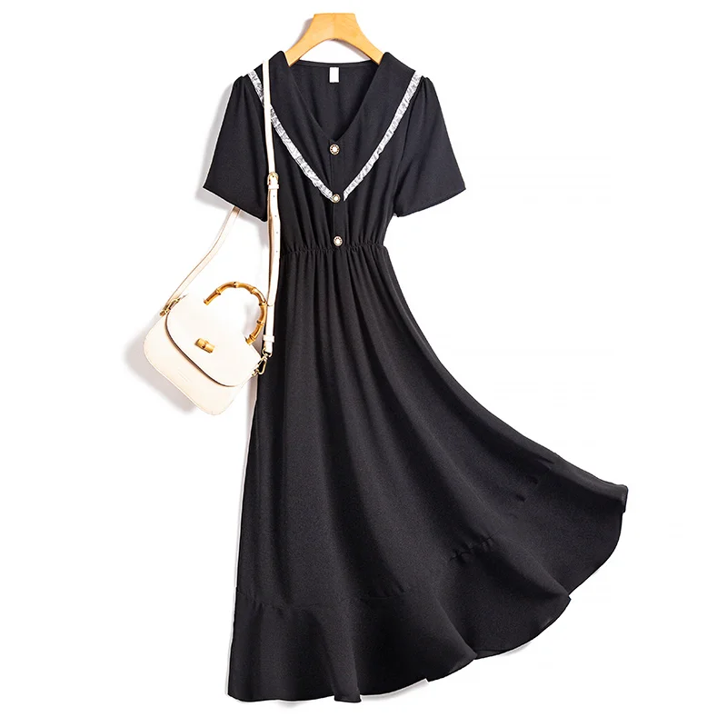 

French Black Dress V-neck Short-Sleeve Elastic Waist Slim Long Midi Dress Summer 2021 Casual Beach Style Basic Style