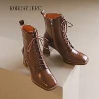 robespiere 2021 winter lace up martin boots british style thick heeled womens boots leather high heeled square toe shoes b315