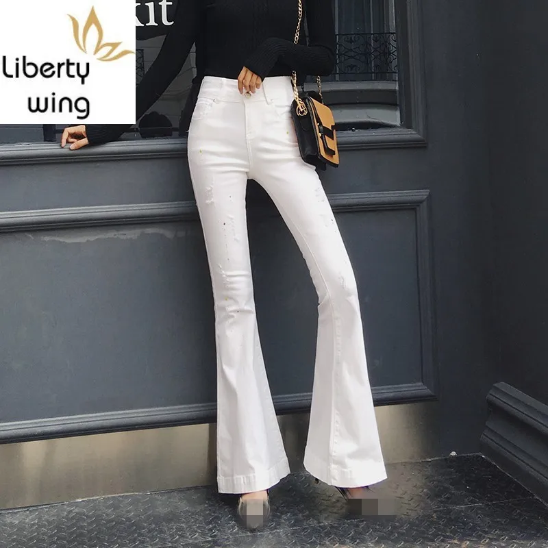 Streetwear White Ripped Hole Flare Jeans Women Spring 2020 High Waist Bell-Bottomed Pants Vintage Office Slim Denim Trousers