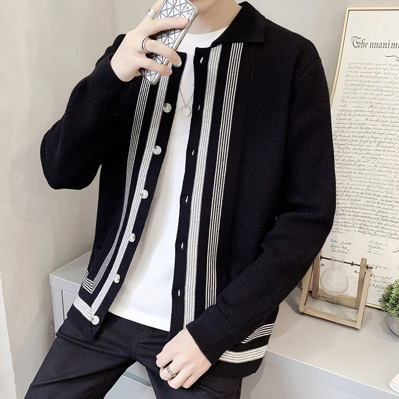 

Мужской однотонный вязаный кардиган, свободный короткий свитер в Корейском стиле, Молодежный черный кардиган с лацканами, осень 2021