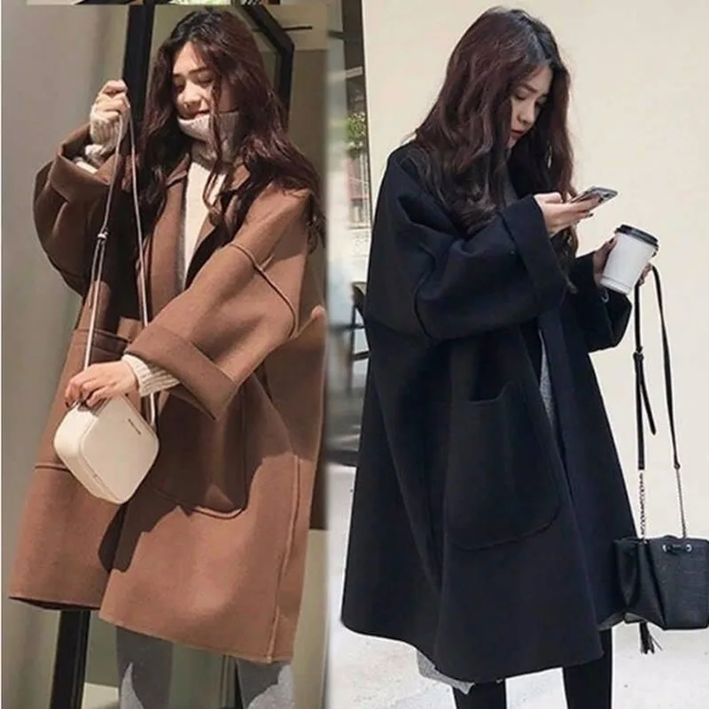 

Solid Color Woolen Coat Women 2020 Pockets Popular V-neck Autumn Winter Loose New Women's Woolen Coat Students Mid-length Coats