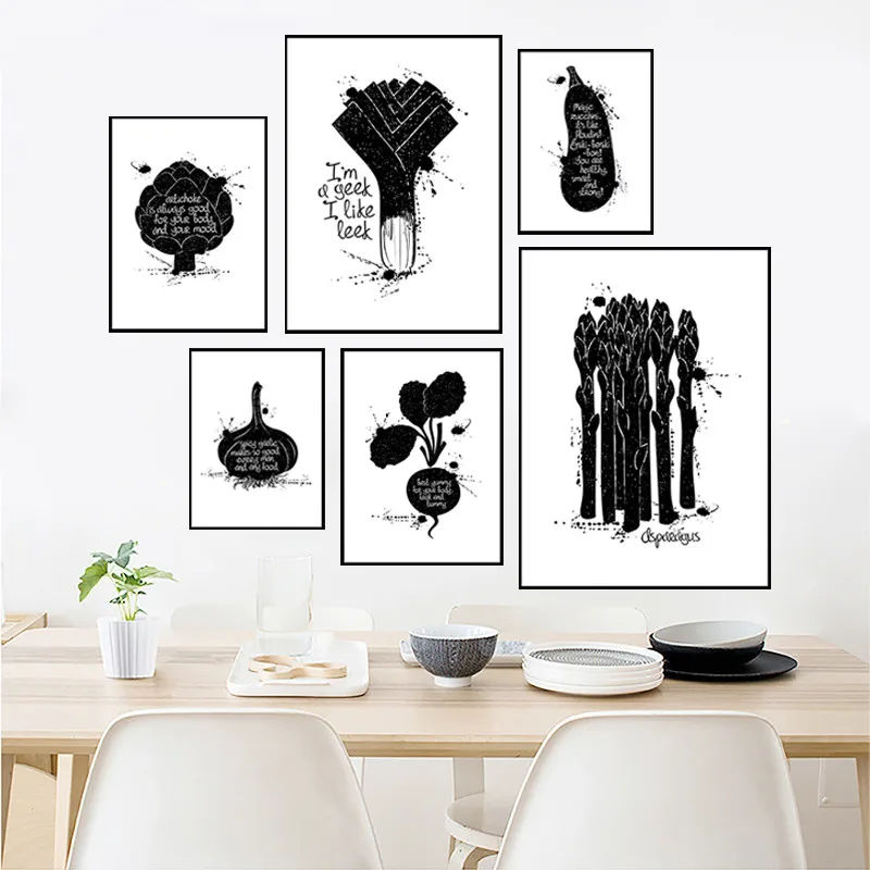 

Creative Poetic Quote Typography Poster Kitchen Wall Art Picture Vegetables Silhouette Prints Black White Canvas Painting CF002