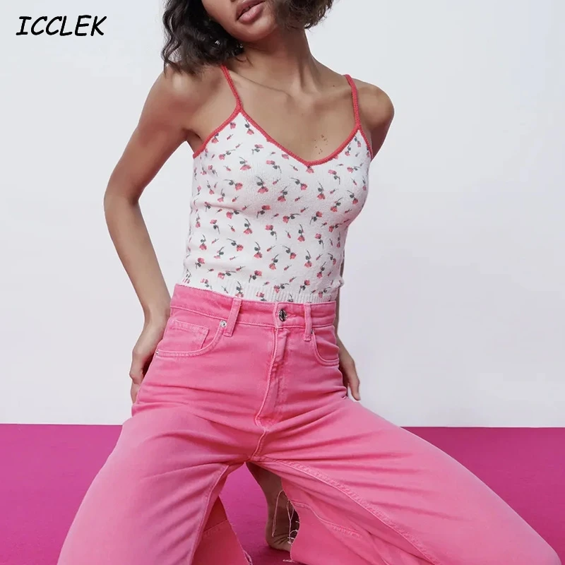 

Za Women's Tanks Knitted Crop Tops Pink Floral Camis Mujer Knitwears Sweet Jumpers Spring Sexy Slim Sweaters Two Pieces Club trf