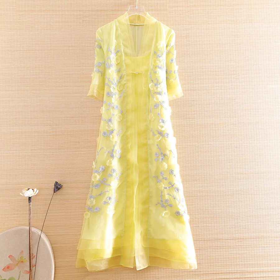 

Элегантная женская верхняя одежда в китайском стиле, летний женский винтажный Свободный плащ из органзы в стиле ретро, 2 предмета, Женский ...