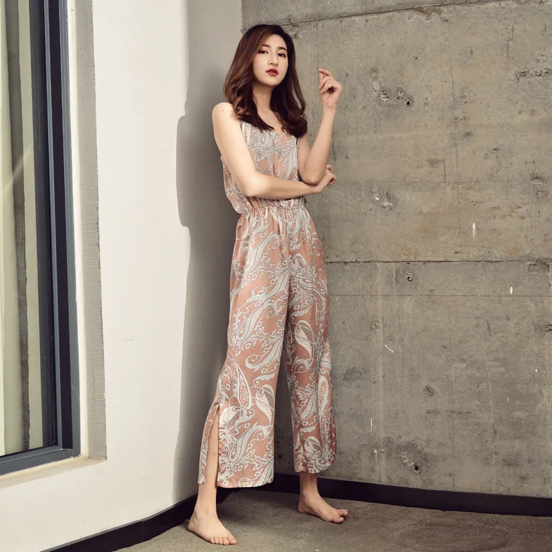 

Summer Sexy Backless Jumpsuit Home Service Silk Pajamas Sleeveless Holiday Hot Girls Temptation Backless Floral Print Clothes