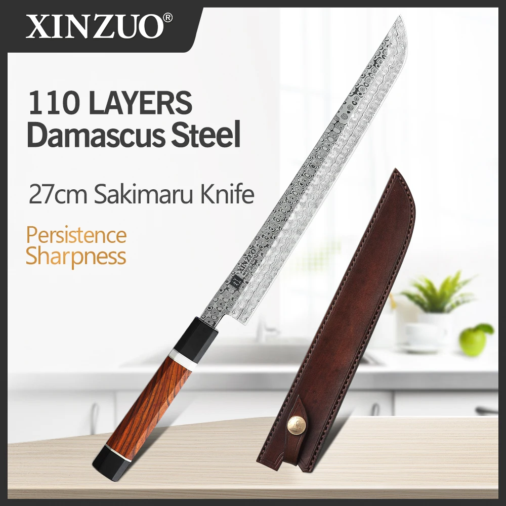 

XINZUO 270mm Japanese Sushi Knife 110 Layers Damascus Steel Sakimaru Kitchen Knives High Carbon Steel with Leather Sheath