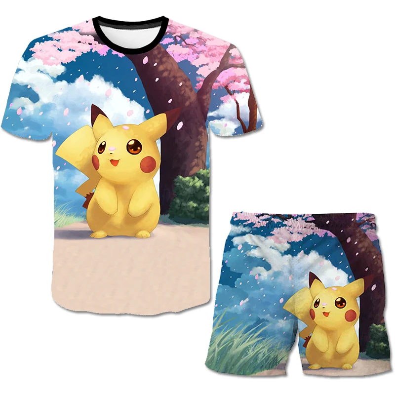 

Pika-chu T-shirt Designer 3D Cartoon Print T-shirt Kids Suit Boy Girl hip-hop Clothing Girl Top + shorts Two-piece Cute Casual