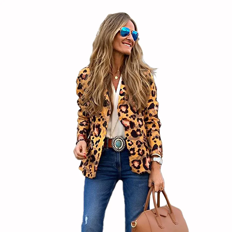

MAIDANGDI Woman Leopard Suit Blazers 2020 New Spring Dacron Casual Full Ladies Coats Plus Size V-Neck