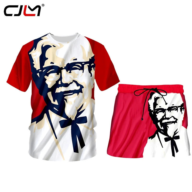 CJLM KFC Grandpa Cats 3d T-shirts And Shorts Men's Sets Street Summer Casual Unisex Sports Short Sleeve 2 pieces