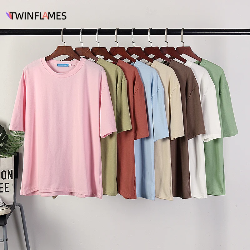 

TWINFLAMES Soft Cotton T-shirt Women Loose Short Sleeve T-shirts Korean Fashion Aesthetic Tees Tops Solid Color Female Clothing