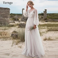 verngo beach wedding dress boho simple puffy long sleeve lace bridal gowns tulle bride dress robe de mariee