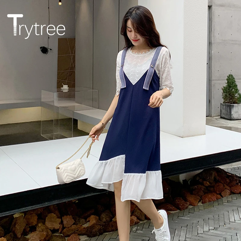 

Trytree 2020 летнее женское Повседневное платье с круглым вырезом, лоскутное кружевное асимметричное Модное Элегантное свободное офисное плать...